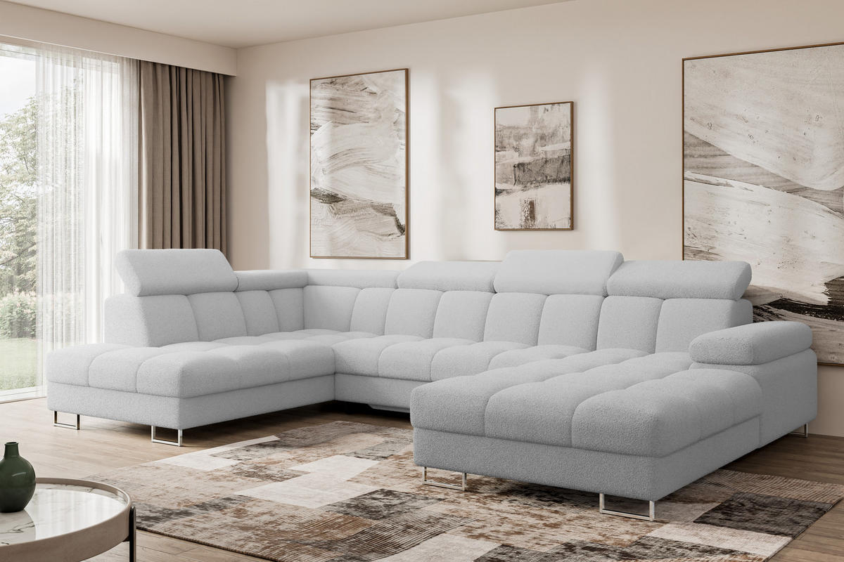 WOHNLANDSCHAFT mit Schlaffunktion und Bettkasten Ottomane Links COMA U 345x203x79 Hellgrau Bouclé - Edelstahlfarben, Holzwerkstoff/Textil (345/79/203cm) - ALTDECOR