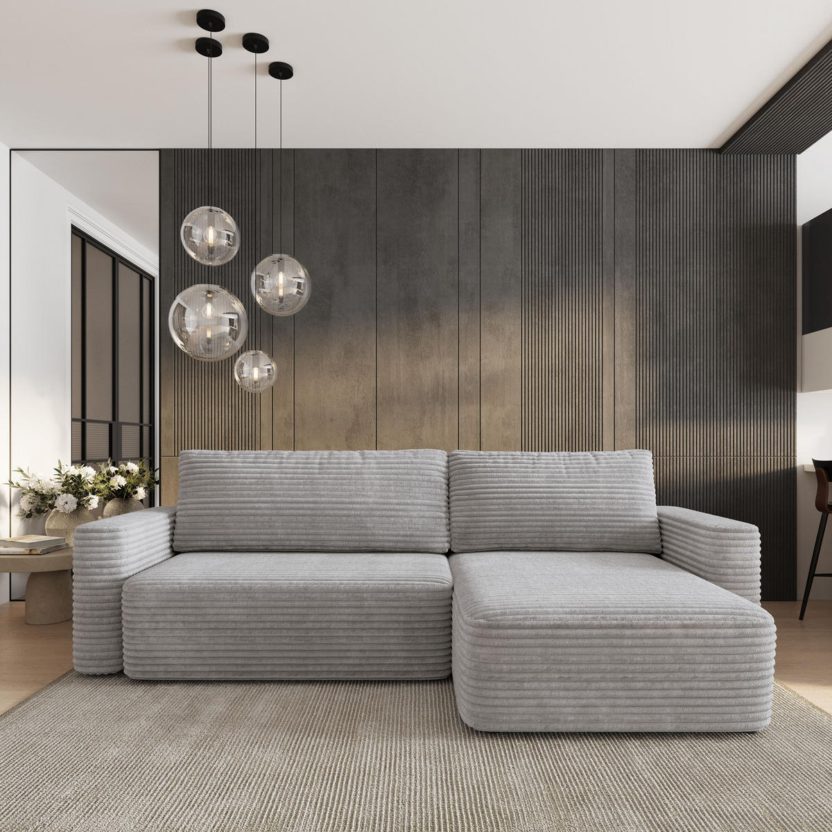 ECKSOFA TELIN Hellgrau Kordstoff mit Schlaffunktion - Hellgrau, Holz (280/162cm) - MASSENO