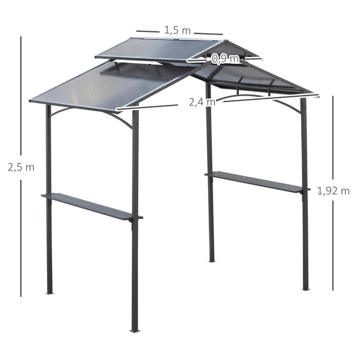 GRILLPAVILLON mit Flammschutzdach, mit 2 Ablagen 2.5 x 1.5 m Stahl PC, Schwarz+Braun - Schwarz, Metall (150/250/240cm) - Hauptrolle