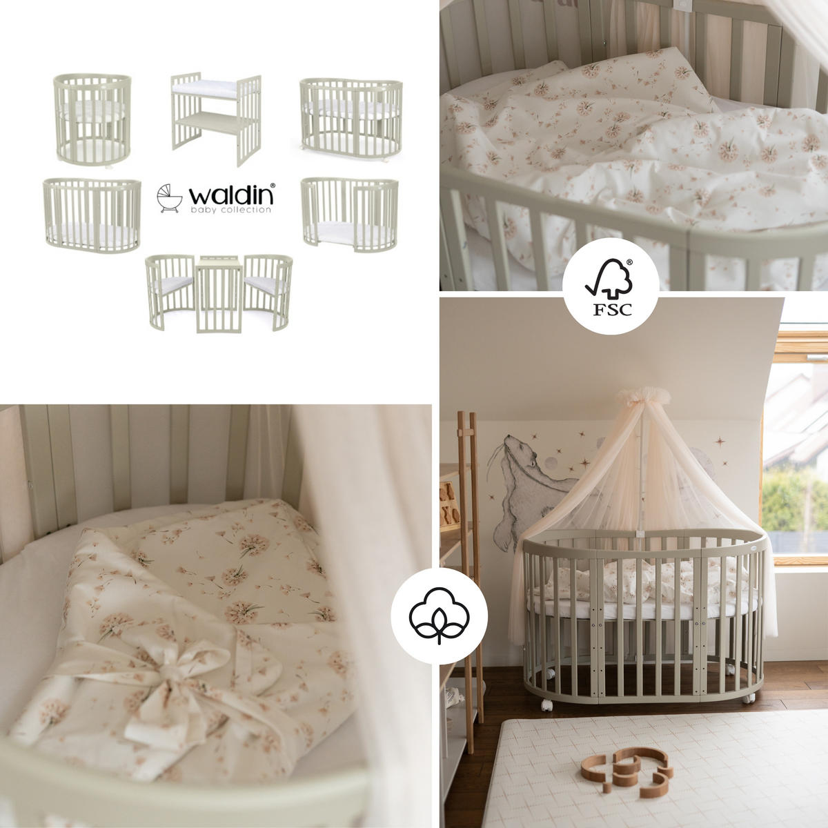 BABYBETT OLIVE OVAL 7in1 mit Matratze und Himmelset - Champagner/Olivgrün, Holz/Textil