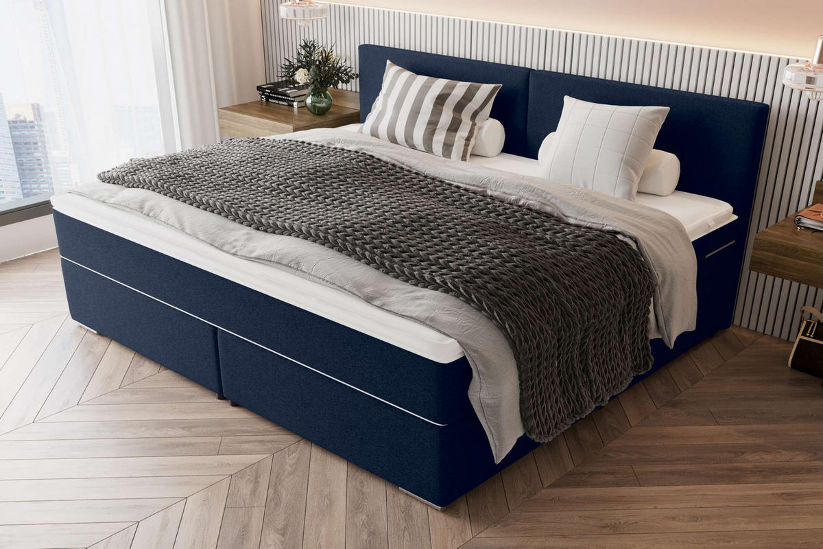 FAMILIENBETT BOXSPRINGBETT Webstoff Dunkelblau 220/200 cm - Chromfarben/Dunkelblau, Kunststoff/Textil (220/200cm) - 99rooms