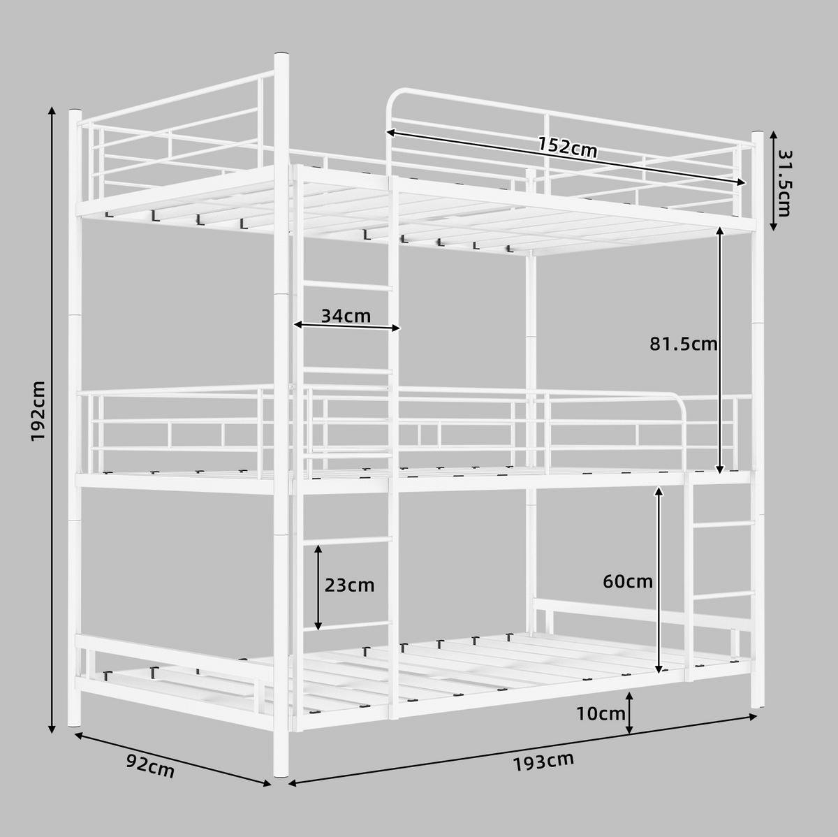 ETAGENBETT für 3 Personen aus Metall Weiß - Weiß, Holzwerkstoff (90/190cm) - Beauniv