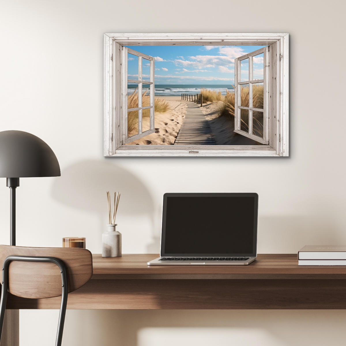 METALLBILD Fenster - Meer - Küste - Natur - Ausblick - Strand - Wattenmeer 60x40 cm - Beige, Metall (60/40cm) - MuchoWow