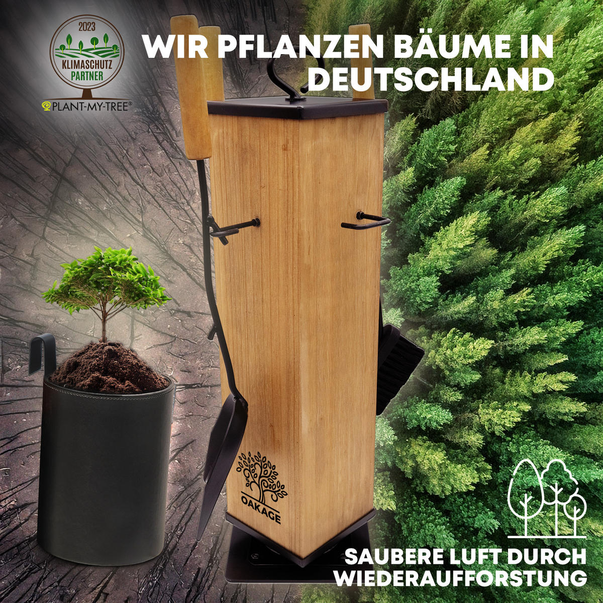 KAMINBESTECK LuxeLeather mit Zündholzkorb aus veganem Leder - Schwarz, Holz/Kunststoff (18/58/18cm) - OAKAGE
