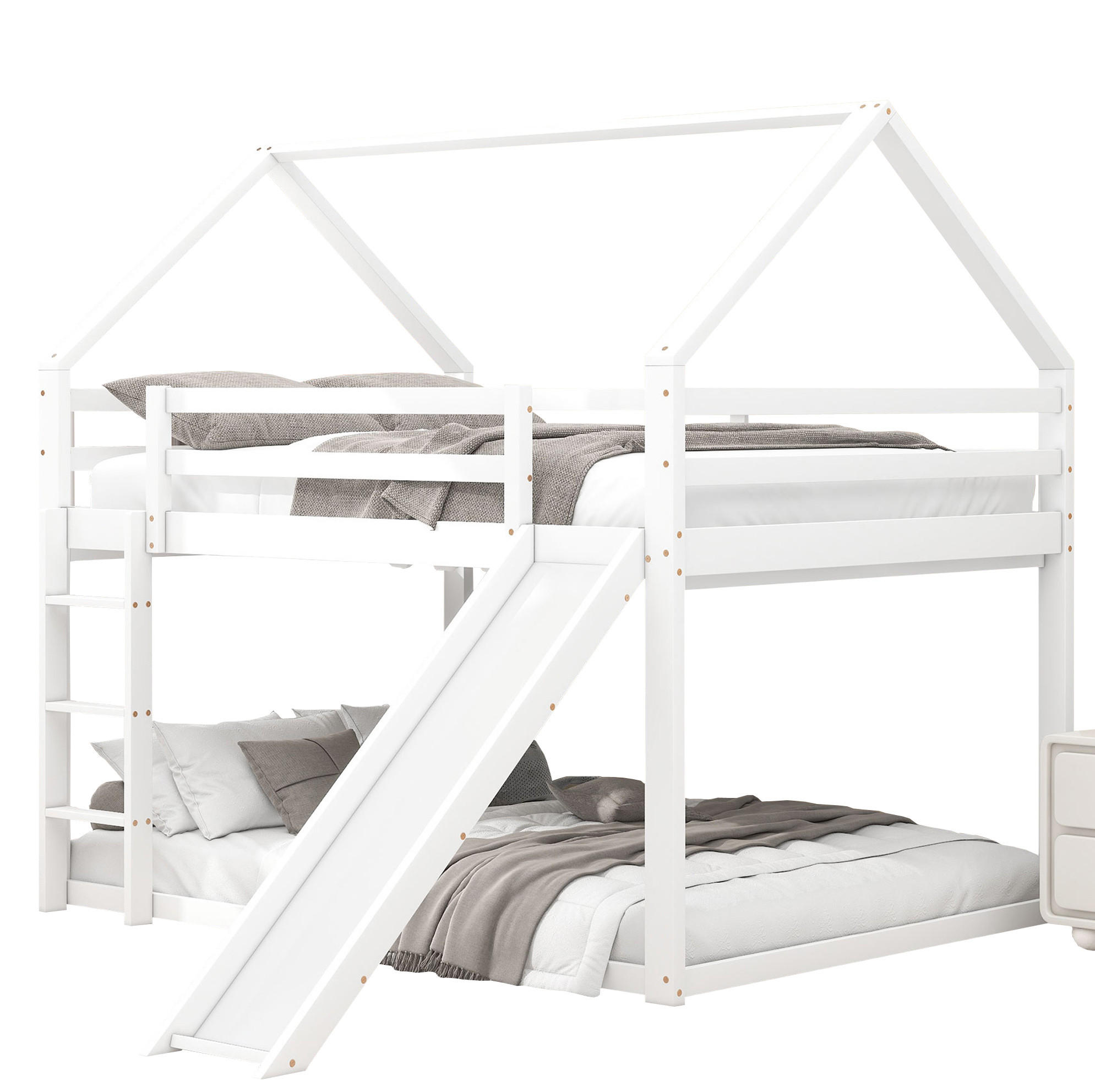 ETAGENBETT 140/200 cm mit Rutsche und Leiter, Hausdesign aus Kiefer , Weiß - Weiß, Holzwerkstoff (140/200cm) - Redom