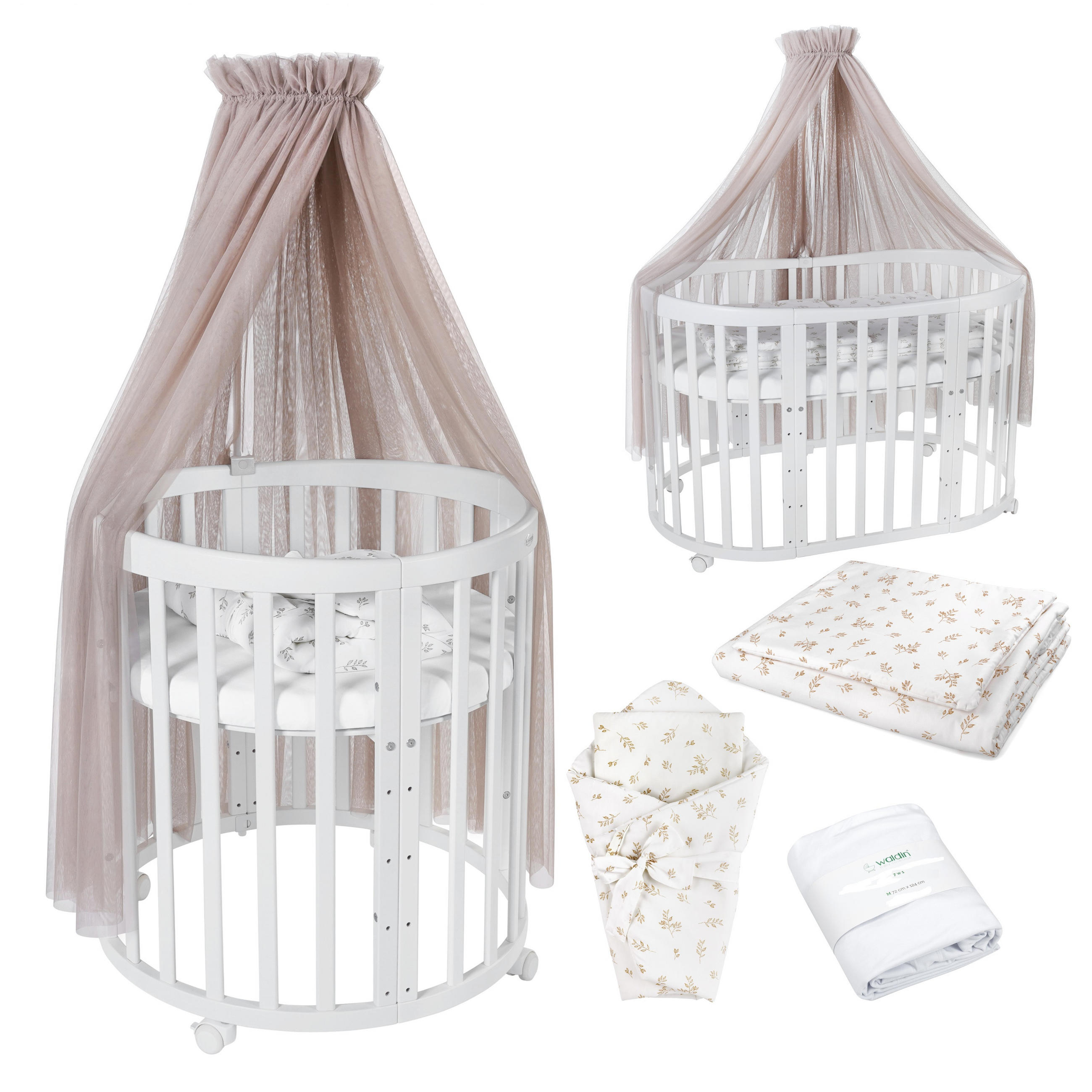 BABYBETT WHITE OVAL 7in1 mit Matratze und Himmelset - Taupe/Weiß, Holz/Textil
