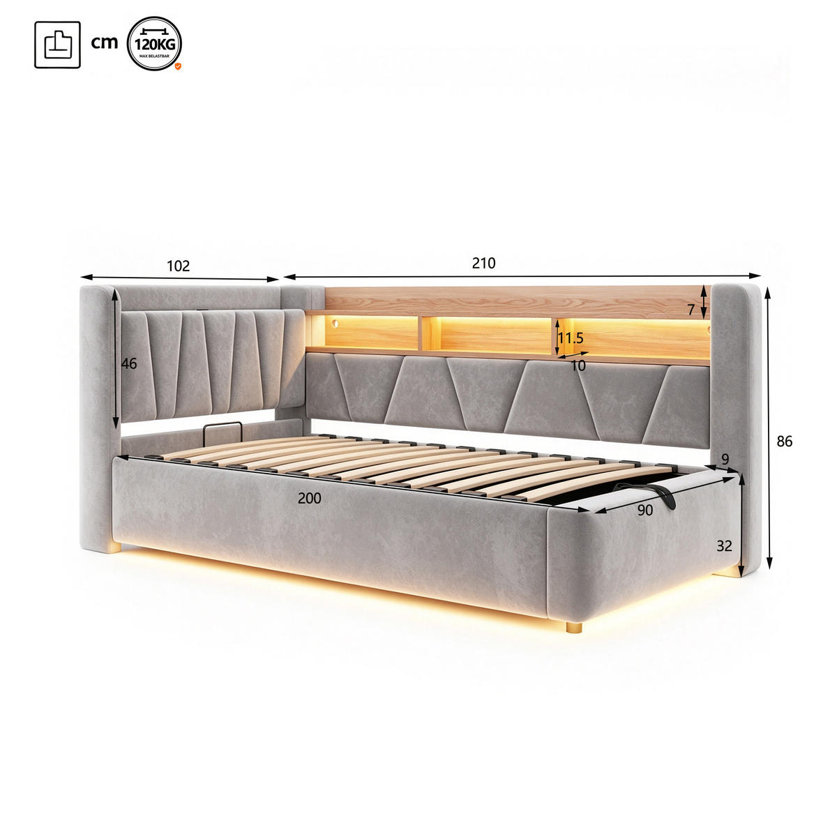 BOXBETT 90/200 mit LED/Regal/USB/Bettkasten, Samt, Grau - Grau, Holz (90/200cm) - LVHOM