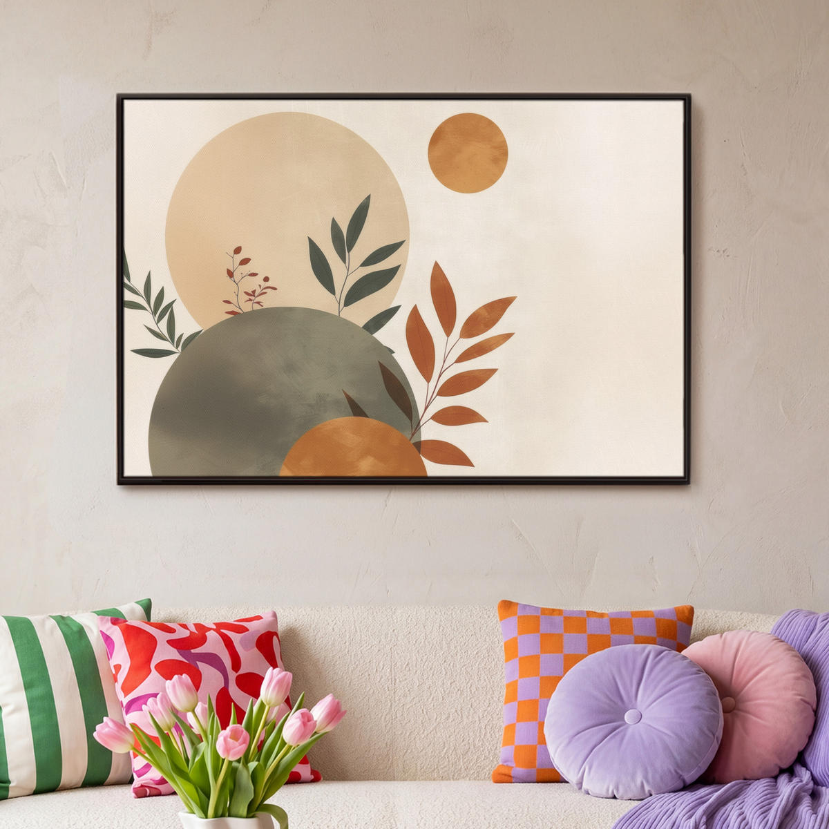LEINWAND Bilder mit Rahmen - Formen - Rund - Blätter - Beige - 90x60 - Rostfarben, Textil (90/60cm) - MuchoWow