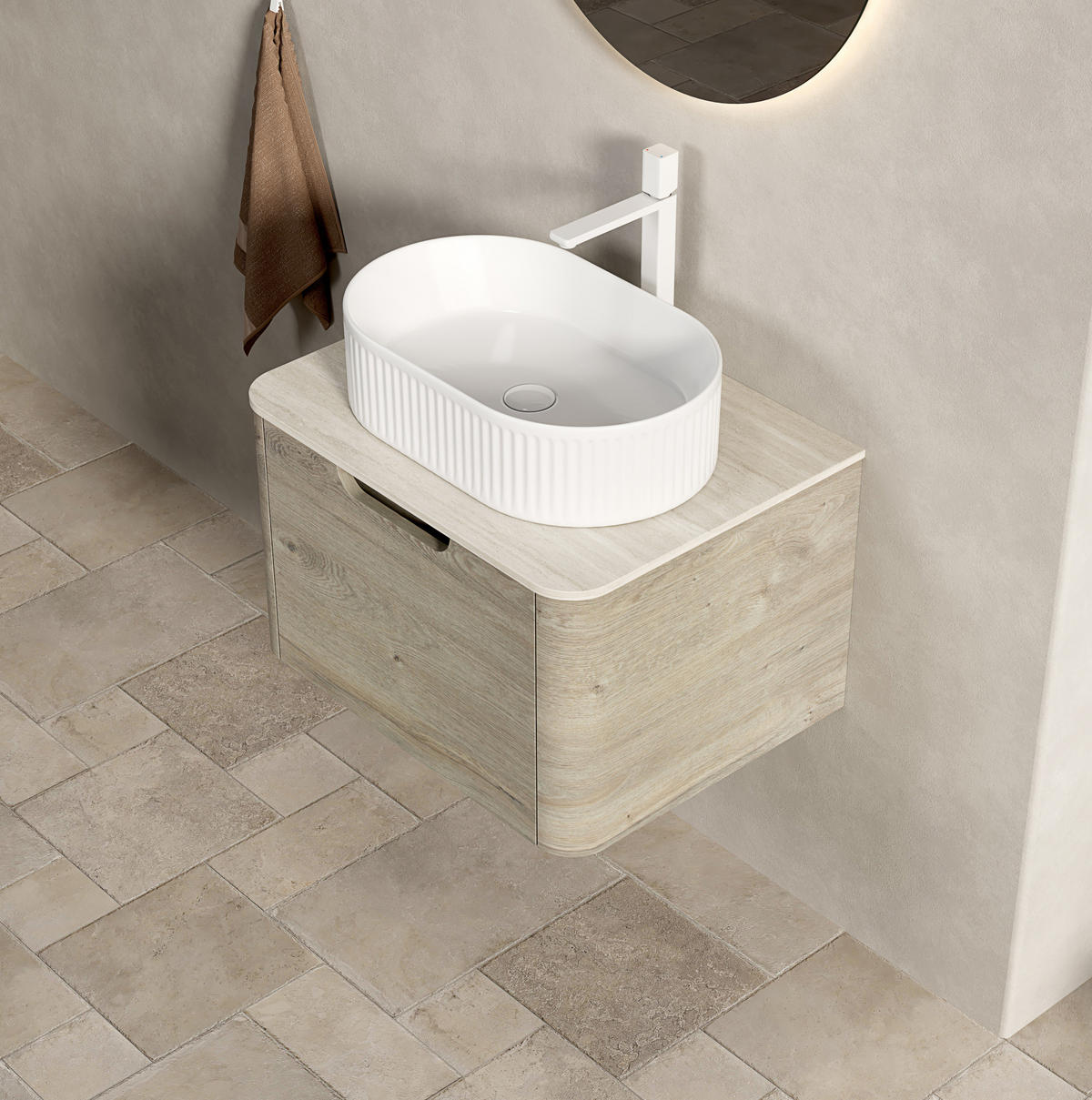 WASCHTISCHKOMBI 60 cm mit Aufsatzbecken und Soft-Close-Schublade in Eiche - Creme, Keramik (60/50.2/46cm) - BEAOK