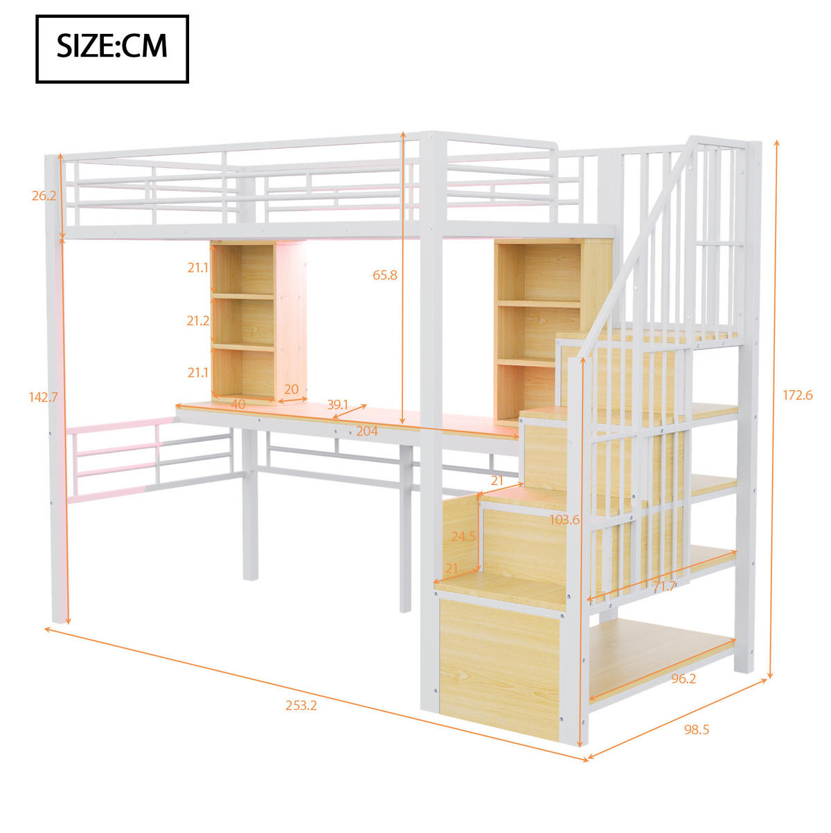 HOCHBETT 90/200 cm aus Metall und MDF mit Schreibtisch, LED und Stauraumtreppe, Weiß - Weiß, Holzwerkstoff (90/200cm) - Redom