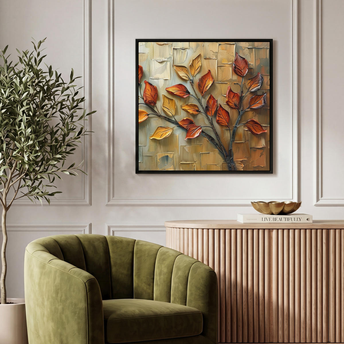 LEINWAND Bilder mit Rahmen - Baum - Abstrakt - Natur - Kunst - 50x50 - Goldfarben, Textil (50/50cm) - MuchoWow