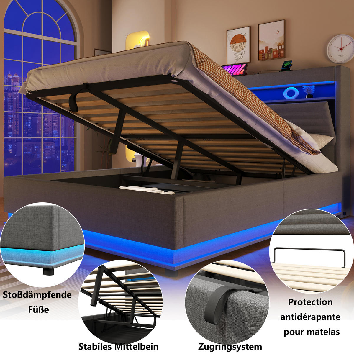 ČALOUNĚNÁ POSTEL 140x200cm Úložná LED USB-C Len Šedá - šedá, přírodní materiály (140/200cm) - FLIEKS