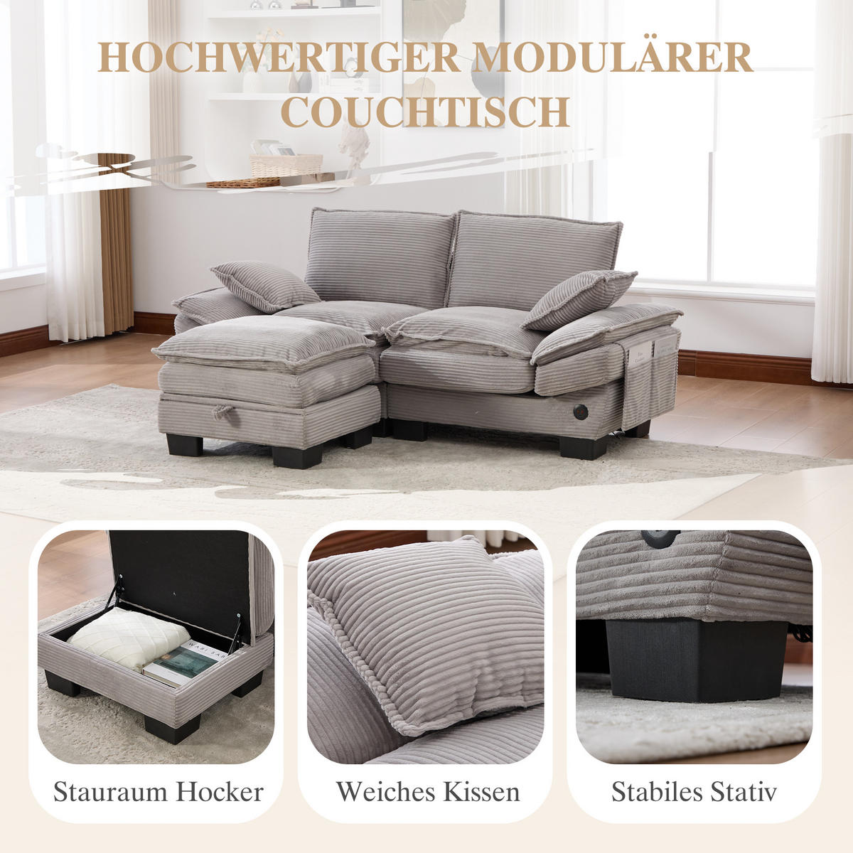 2-SITZER SOFA Cord Hellgrau mit Hocker, USB-C und Seitentaschen - Hellgrau, Holzwerkstoff/Kunststoff (190/132cm) - WISHDOR