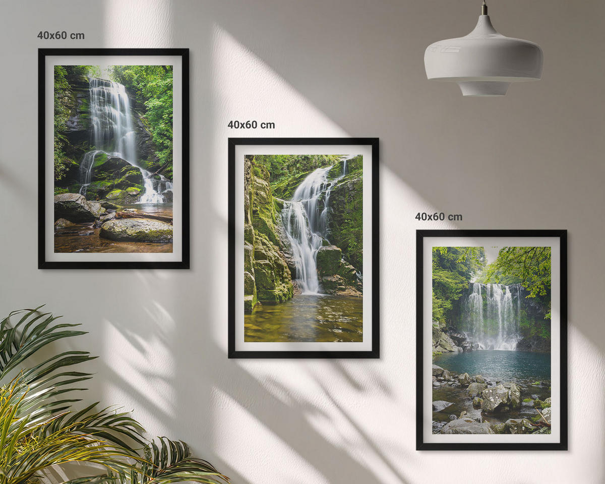 BILDER SET 3er Set - 40x60 cm Schwarzer Rahmen - Wasserfälle, grüne Umgebung - Schwarz, Kunststoff (40/60cm) - TULUP