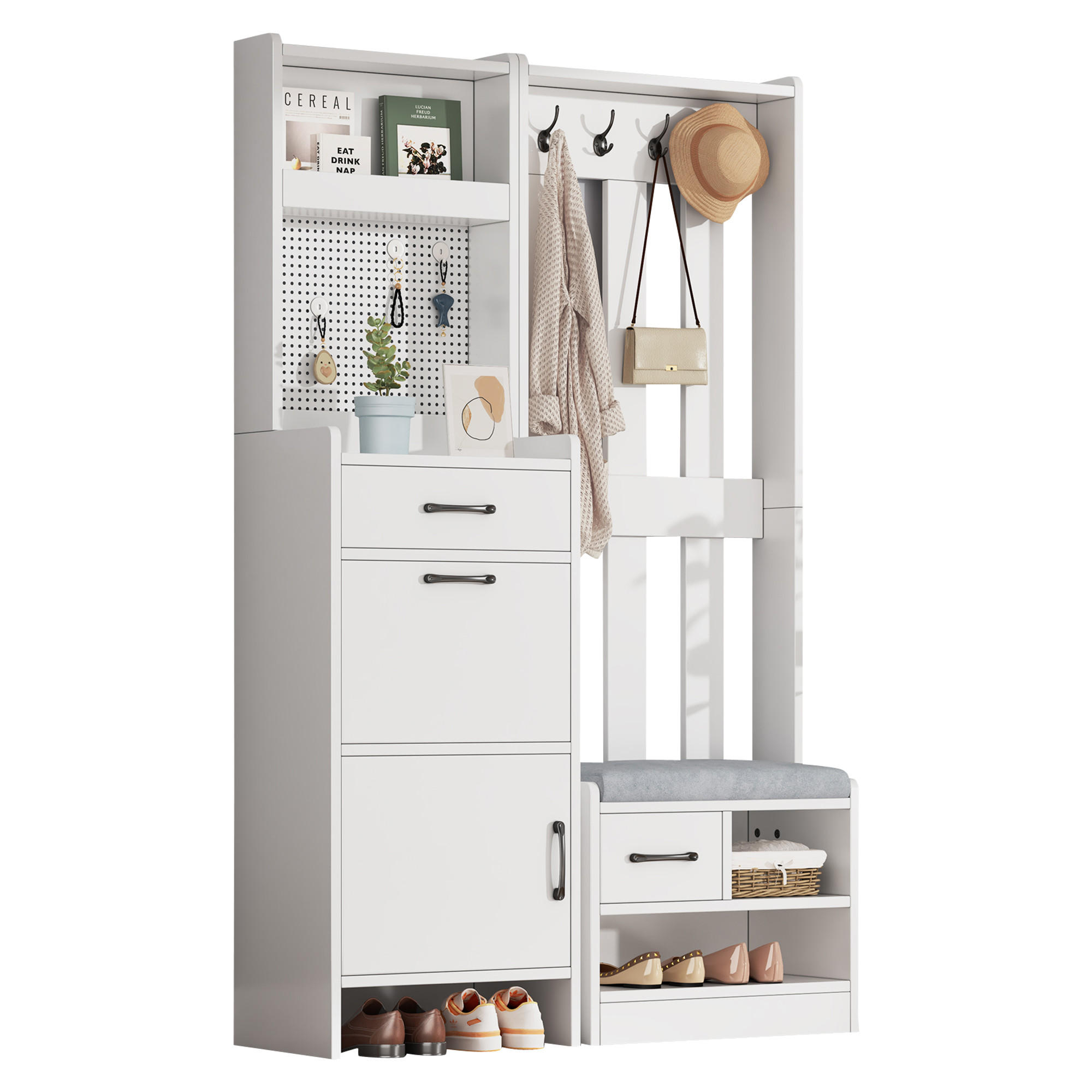 GARDEROBE Flurmöbel mit Schuhbank, Schubladen, Klappfach, Haken und Lochwand, Polsterbank MDF platzsparend Weiß - Weiß, Holzwerkstoff (110/175.5/35cm) - EVRYAE
