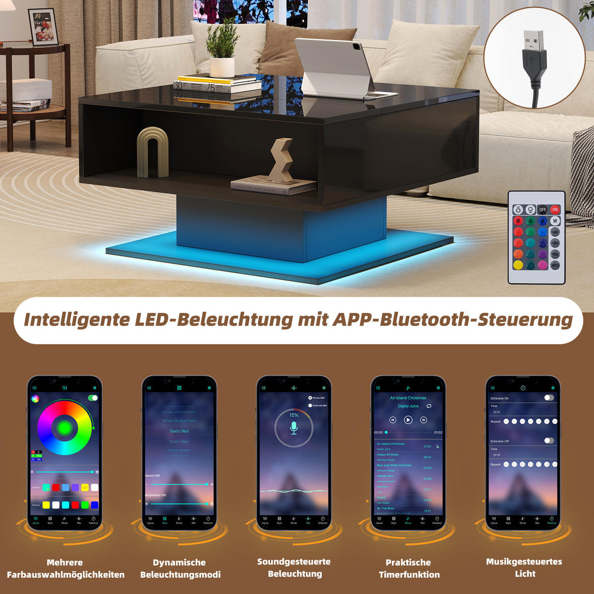 COUCHTISCH DE-188 mit Hydraulischem Aufzug Schwarz - Schwarz, Holzwerkstoff (75/80/40cm) - ComfortXL