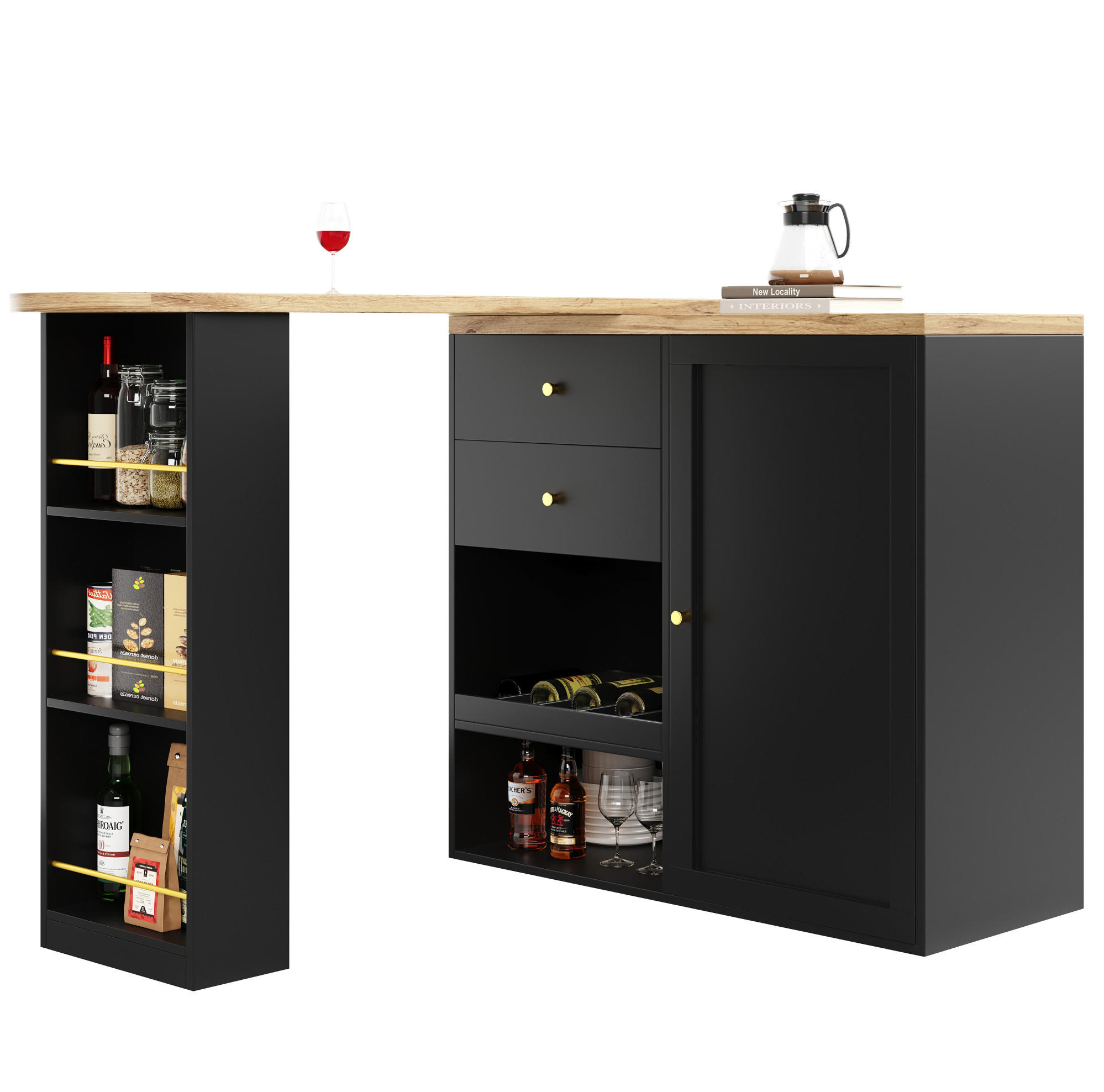 Modfu BAROVÝ stůl z MDF 138x39x104 cm černý s otočnými policemi a 4 zásuvkami