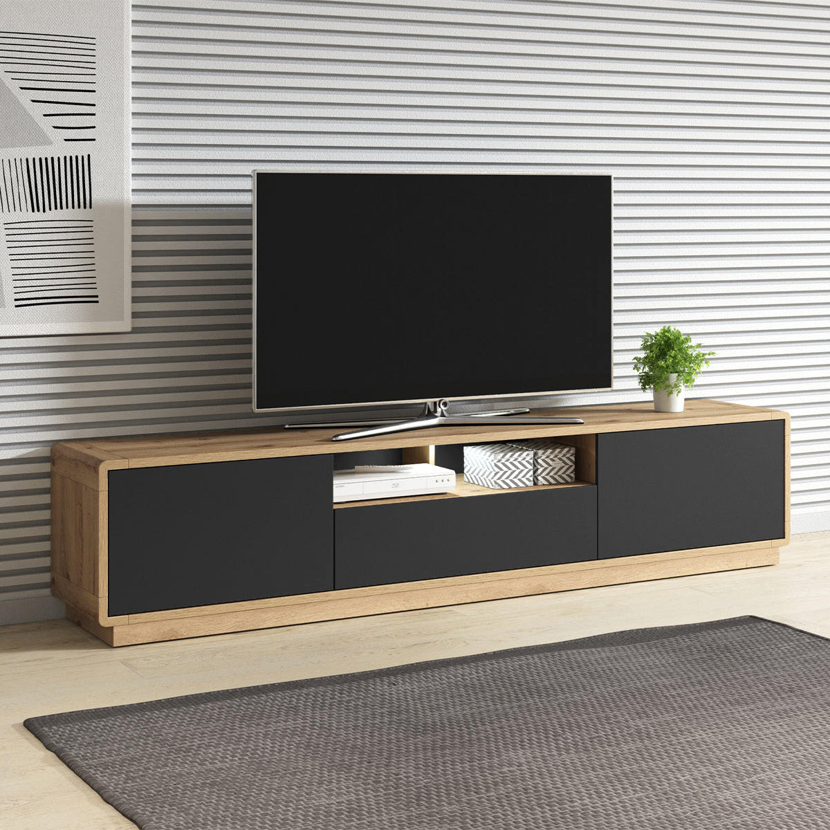 TV-MÖBEL Raven Mattschwarz und Holz - Schwarz, Holzwerkstoff (200/45/40cm) - Petits-meubles