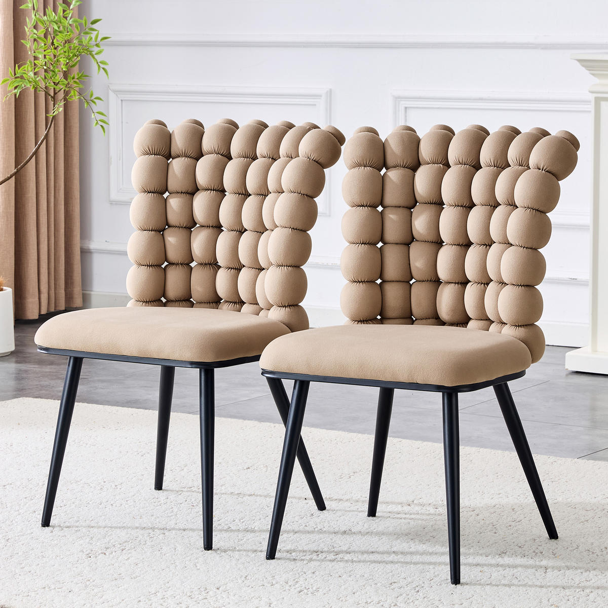 STUHL-SET DE-36754 2 Stück mit Kugelketten-Rückenlehne und Samtbezug Camelfarben - Sandfarben, Metall (48/88/54cm) - ComfortXL