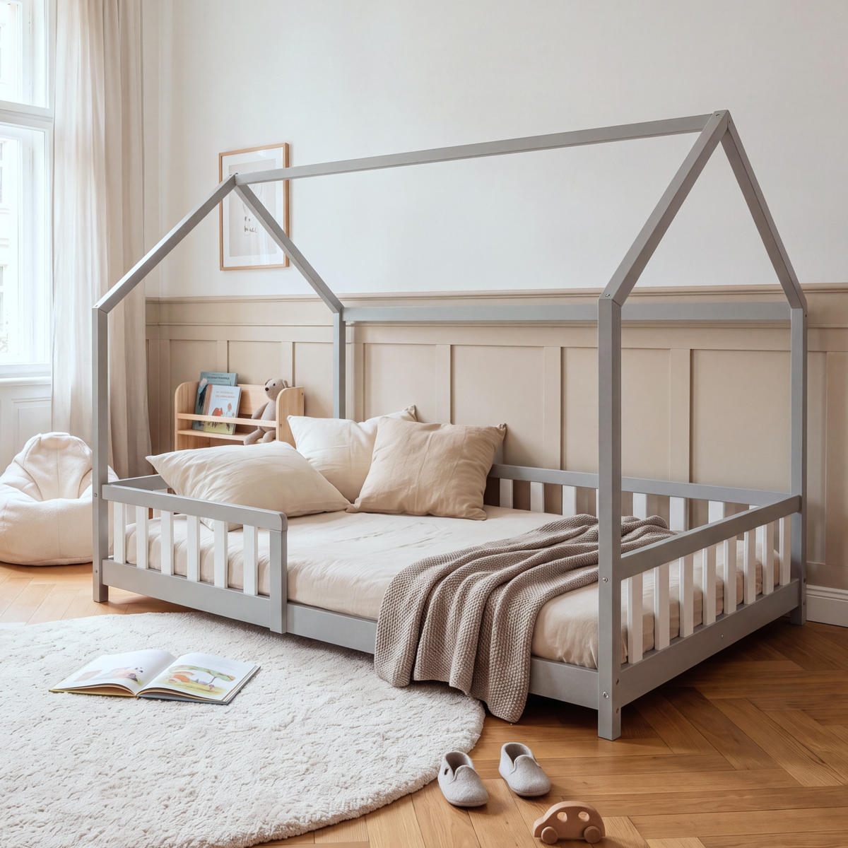 HAUSBETT Hesel - Weiß/Grau, Holz (140/200cm) - [en.casa]