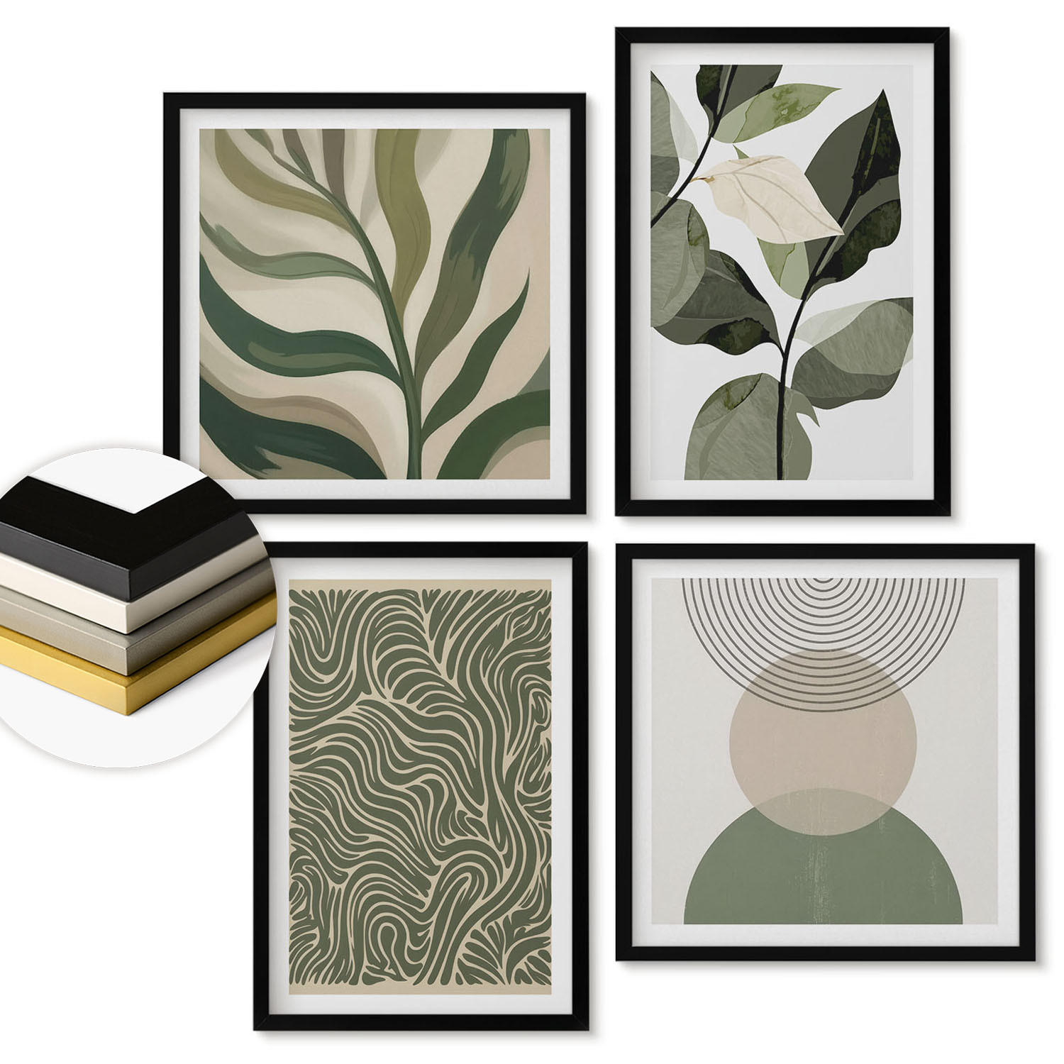 WANDBILDER 4er-Set - 50x50 cm & 40x60 cm Schwarzer Rahmen - Blätter geometrische Formen abstrakt - Schwarz, Kunststoff (50/50cm) - ArtPrintCave