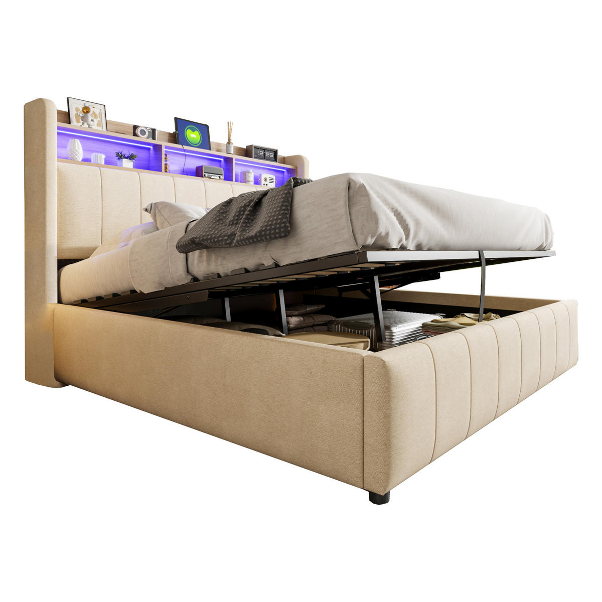 POLSTERBETT 160/200 cm Beige mit LED-Beleuchtung und USB-Steckdose, hydraulischem Stauraum - Beige, Textil (160/200cm) - OKWISH