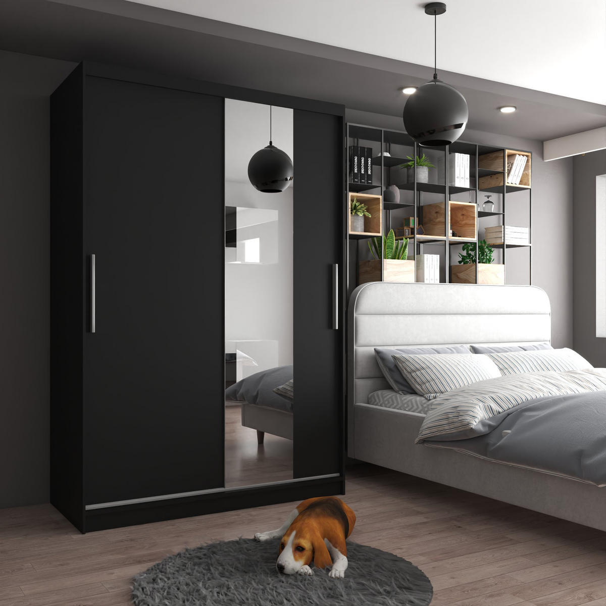 SCHWEBETÜRENSCHRANK Verona MSE, Schwarz Matt, 133 cm, mit Spiegel - Schwarz, Holz (133/216/60cm) - B BELINI GROUP
