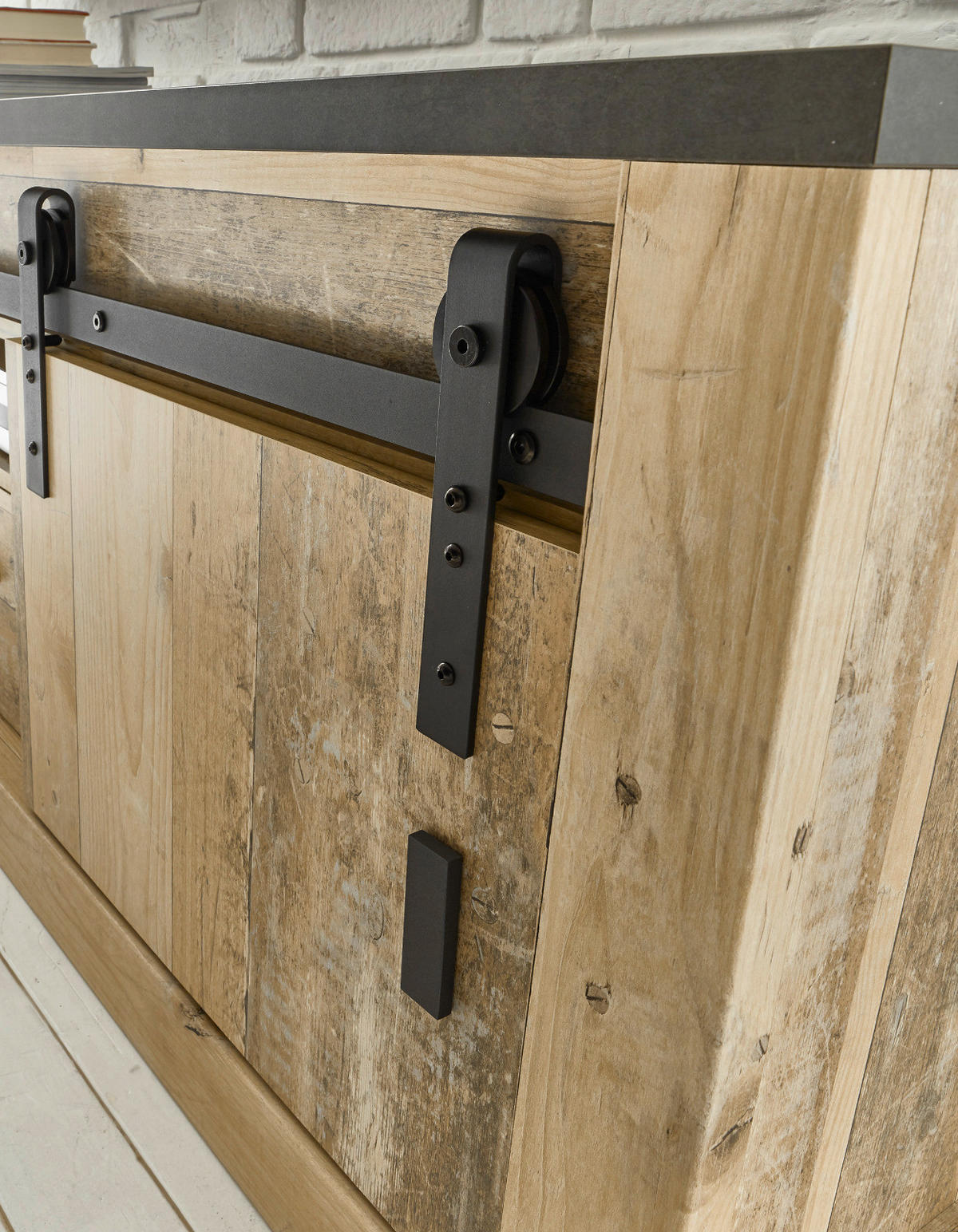 GARDEROBE Set 4-tlg. Used Wood Vintage 164 x 200 cm, mit Schiebetür und Soft-Close - Anthrazit/Schwarz, Holzwerkstoff/Metall (164/201/43cm) - Furn.Design