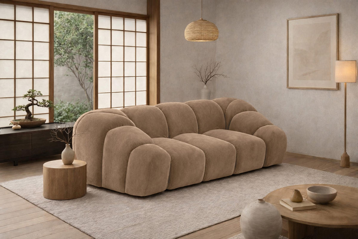 SOFA 2-Sitzer modular, Veloursstoff Bluvel, Latte, CROISSANT - Hellbraun, Holz (200/72/115cm) - Kaiser Möbel
