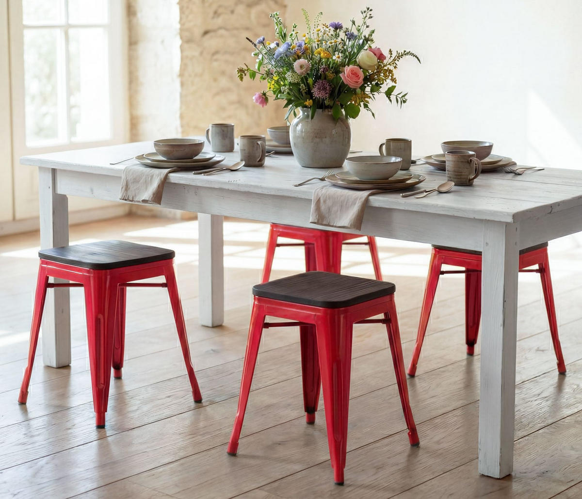 HOCKER HOLZ-SITZFLÄCHE Rot 4er-Set - Rot, Holz (39/45/39cm) - MCW