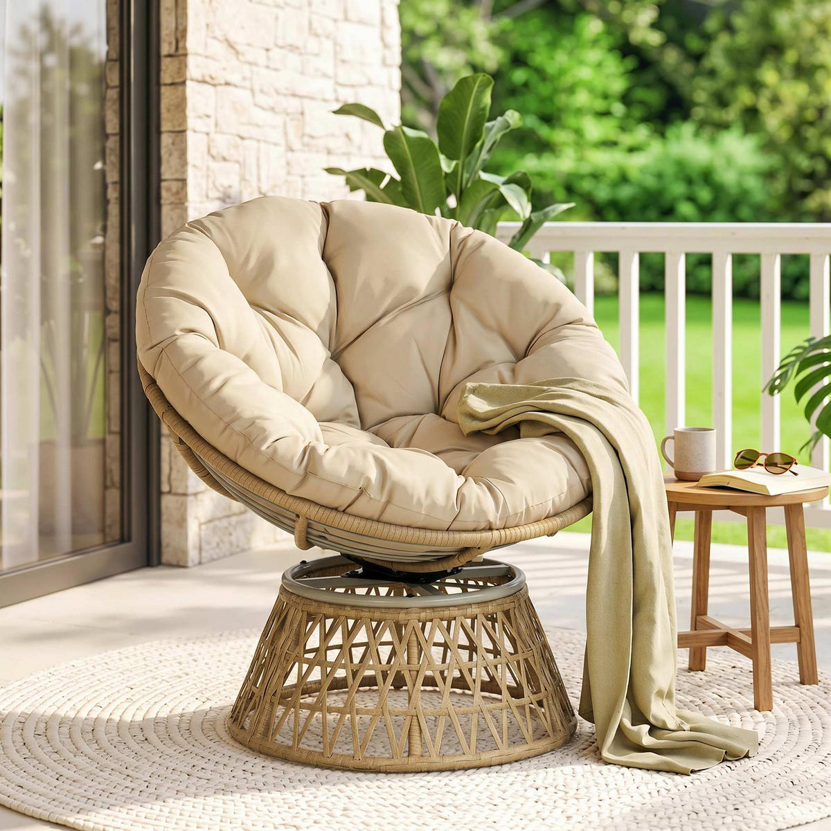 PAPASANSESSEL mit Polster 360 Grad Verstellbare Fußstütze 85 x 70 x 82 cm Khaki - Braun, Kunststoff (85/82/70cm) - Outsunny
