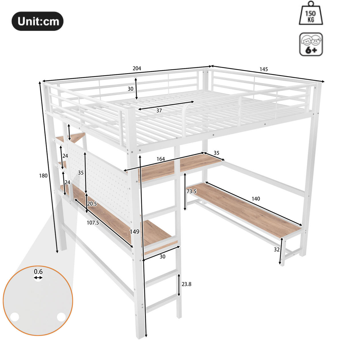 HOCHBETT 140/200 cm in Weiß mit Schreibtisch, LED-Beleuchtung und USB- und Type-C-Anschlüssen - Weiß, Metall (140/200cm) - Flora Grace