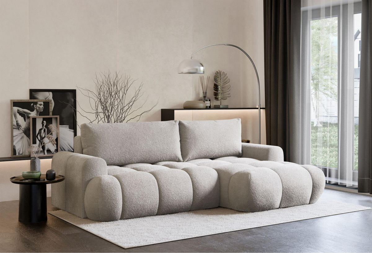 ECKSOFA Ombo Mini, Graubeige Bouclé, rechtsseitig - Taupe/Schwarz, Kunststoff/Textil (256/155cm) - Selsey