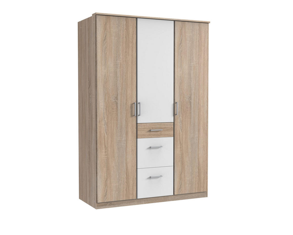 KLEIDERSCHRANK Click in Eiche Sägerau mit Weiß - Drehtürenschrank 135 cm Breite ohne Spiegel - Braun, Holzwerkstoff (135/199/58cm)