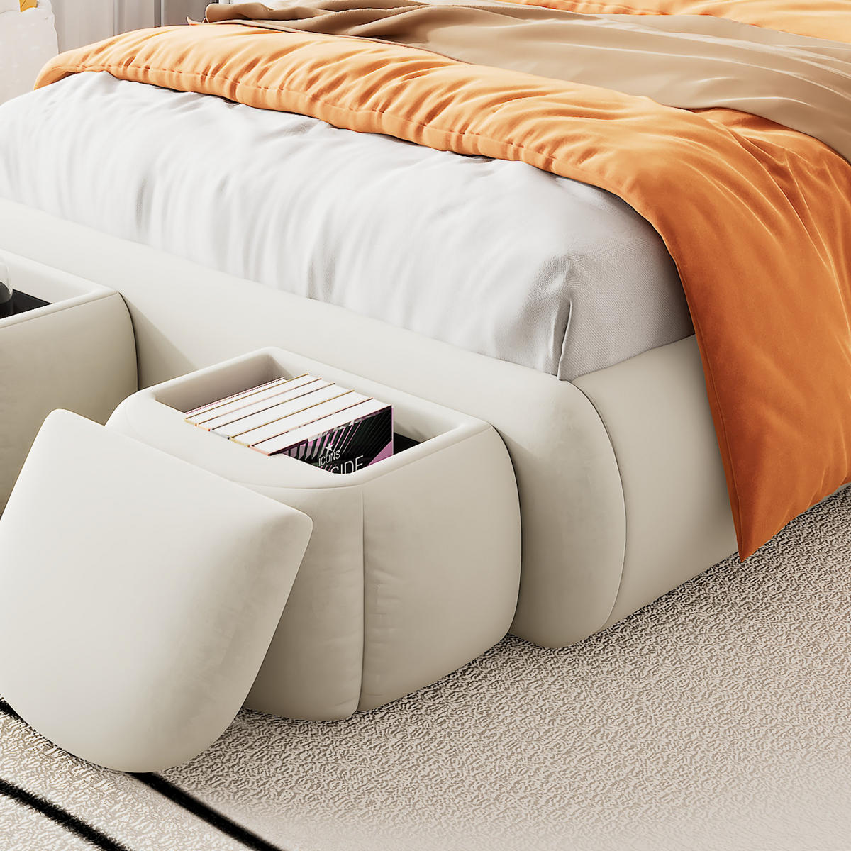 POLSTERBETT 90/200 cm Beige mit Hasenohren und LED-Beleuchtung - Beige, Textil (90/200cm) - OKWISH