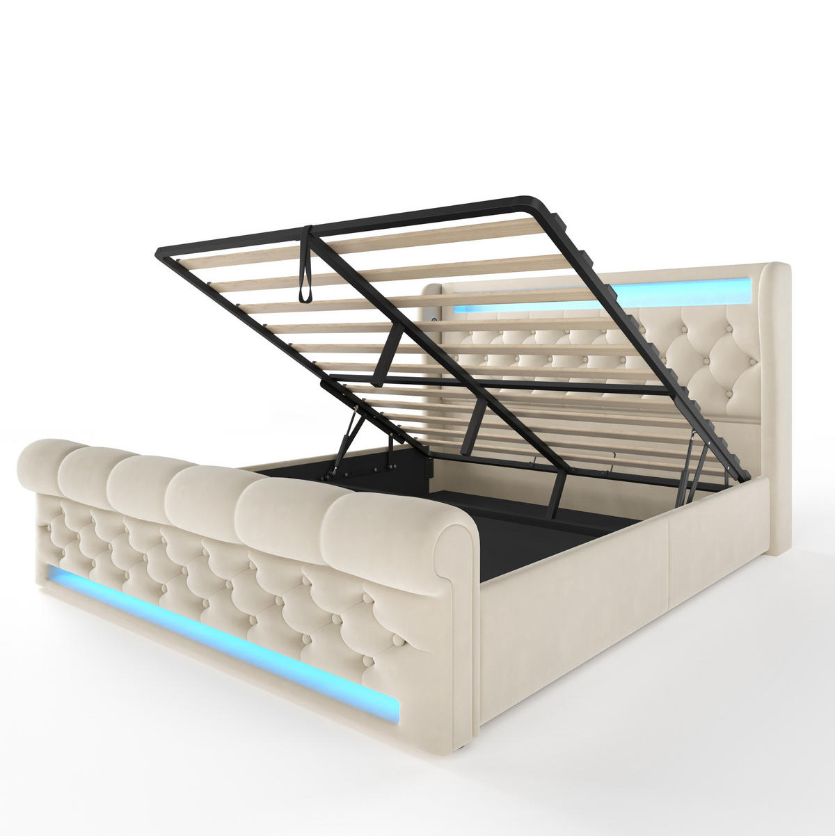 POLNJENA postelja iz žameta 140x190 cm bež z LED osvetlitvijo, USB in Type-C priključkoma ter hidravličnim predalom - bež, tekstil (140/190cm) - Modfu