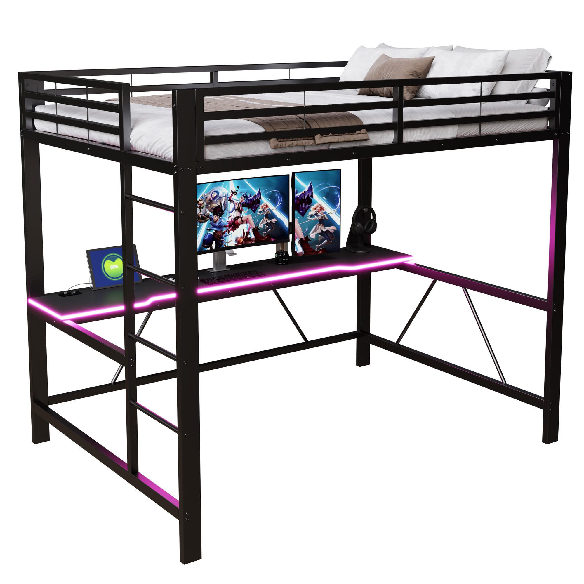CHICFURN VYVÝŠENÁ POSTEL 140/200 cm v černé barvě s LED osvětlením a psacím stolem