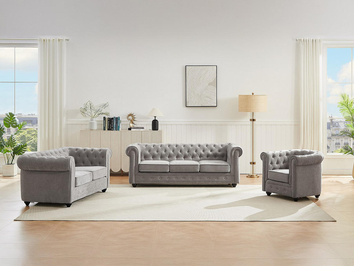 SOFA 3-Sitzer & 2-Sitzer & Sessel - Stoff - Grau - CHESTERFIELD - Grau, Textil (88/72/205cm) - Vente-Unique