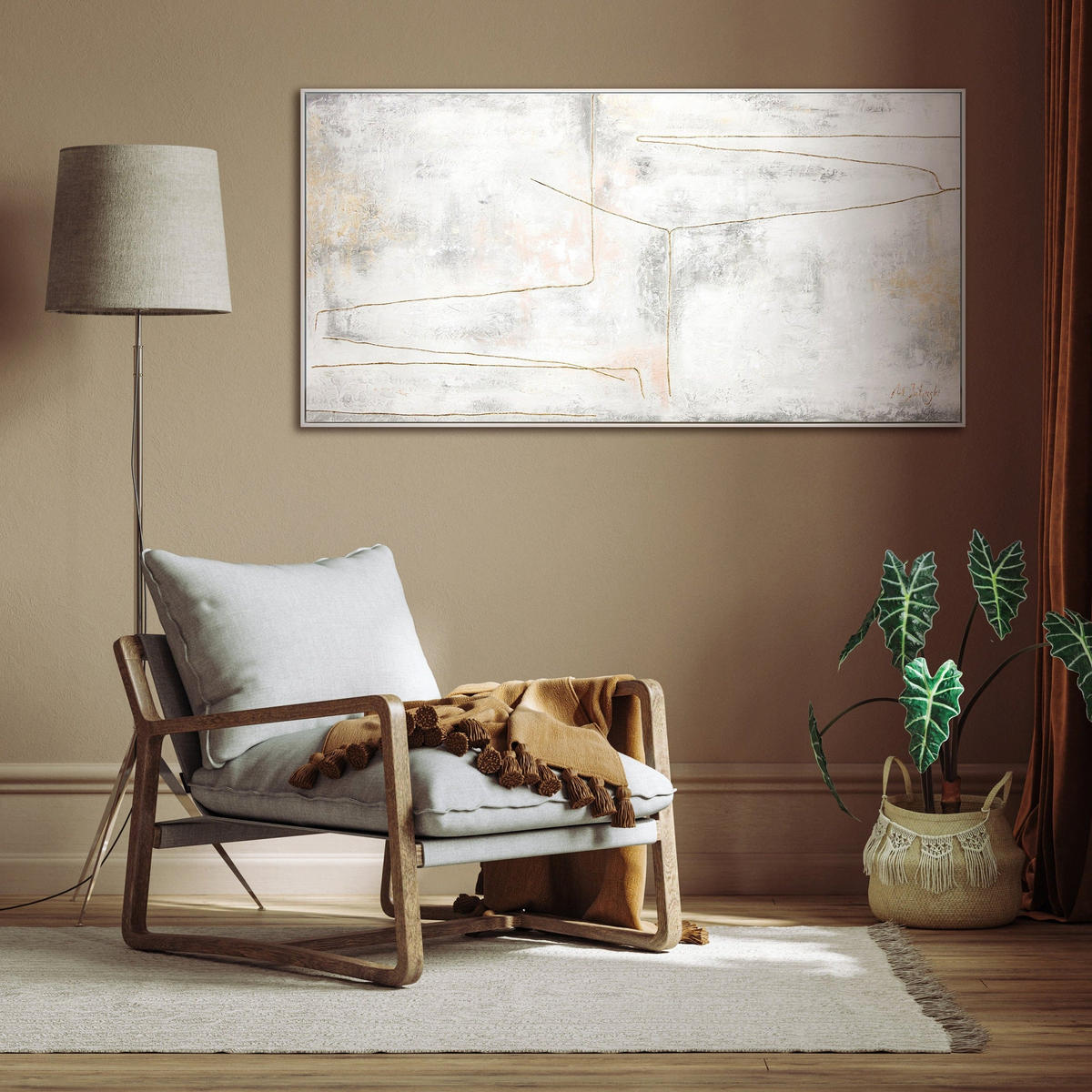 GEMÄLDE Goldene Schleife Schattenfugenrahmen Weiß 140x70 cm - Weiß, Holz (140/70cm) - YS-art gallery