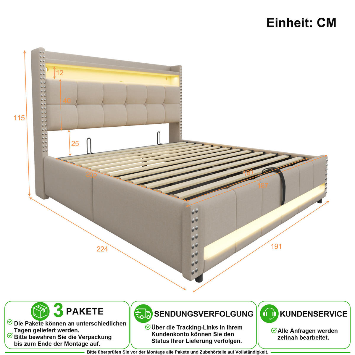 POLSTERBETT 180/200 cm in Beige Leinen mit Stauraum, LED und USB - Beige, Holzwerkstoff/Textil (180/200cm) - CHICFURN