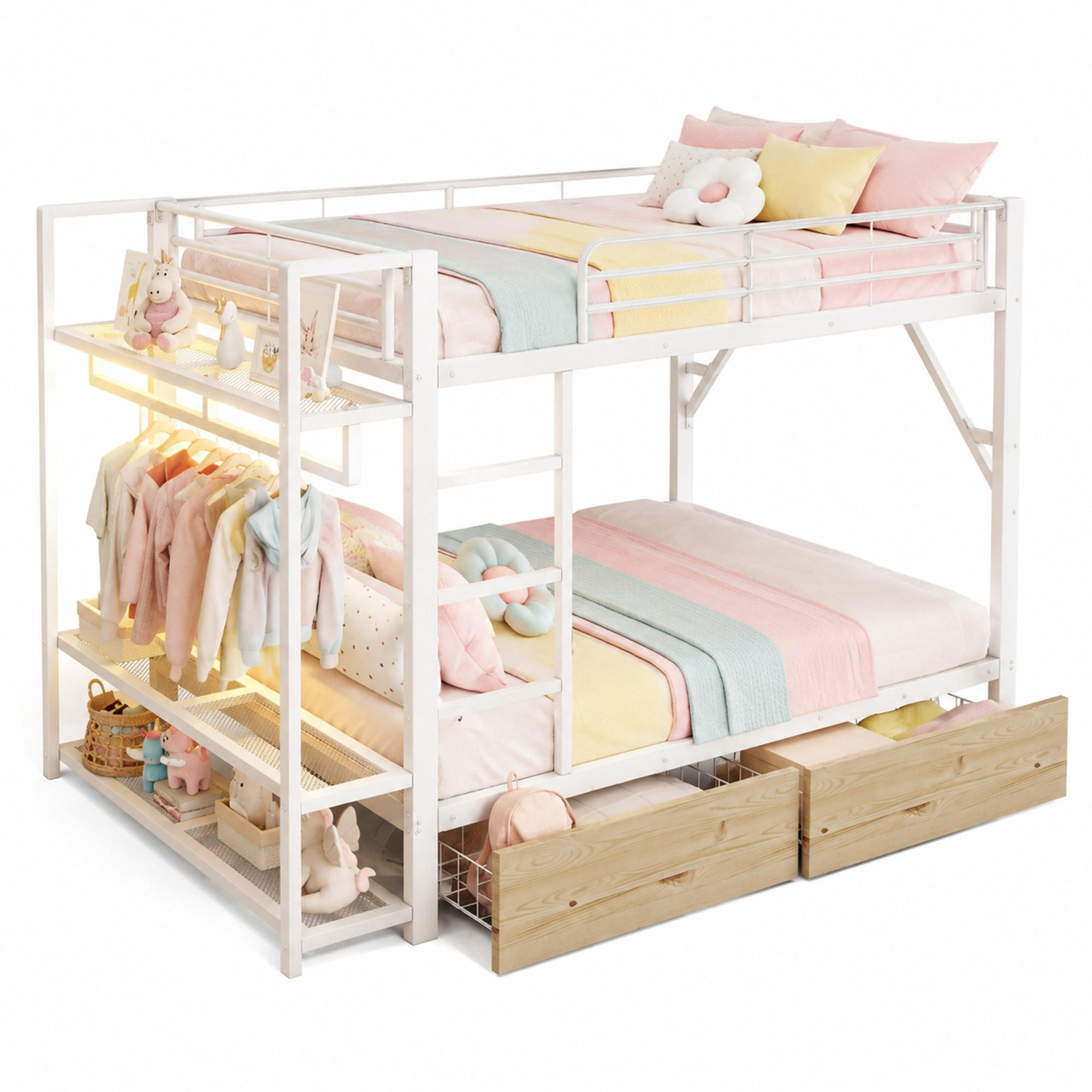 ETAGENBETT 140/200 mit LED, 2 Schubladen und Kleiderstange in Weiß - Weiß, Holzwerkstoff/Metall (140/200cm) - EVRYAE