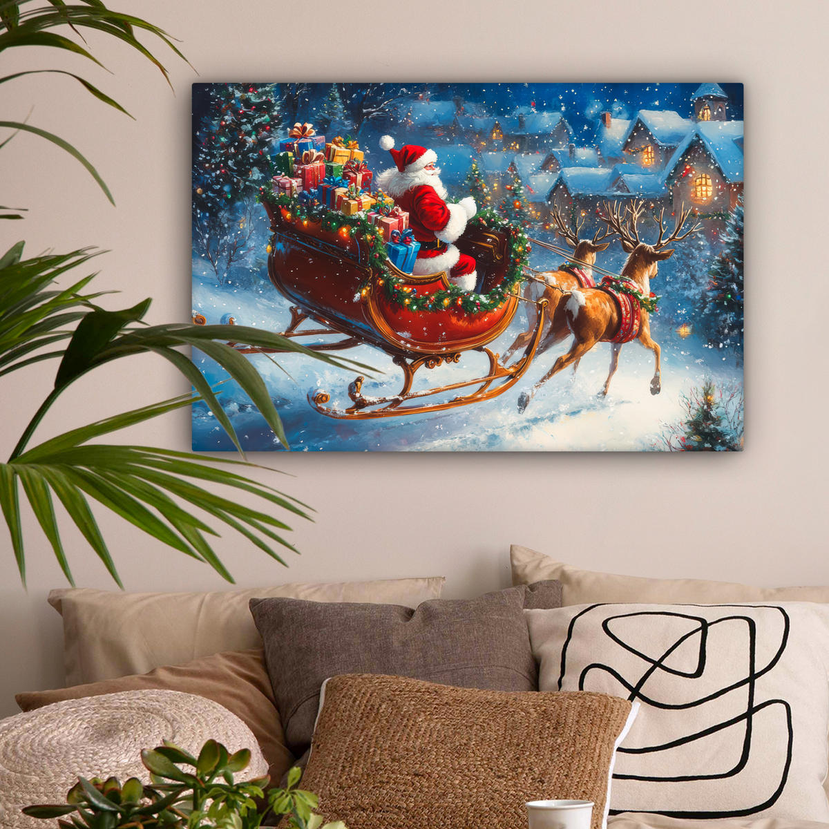 LEINWANDBILD Weihnachtsmann - Rentier - Weihnachten - Schnee Wanddeko 90x60 cm - Cognac, Textil (90/60cm) - MuchoWow