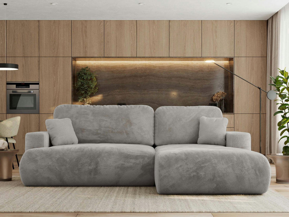 ECKSOFA OVO L Hellgrau Plüsch - Rechts Seite - Hellgrau/Schwarz, Kunststoff/Textil (195/271cm) - MKS