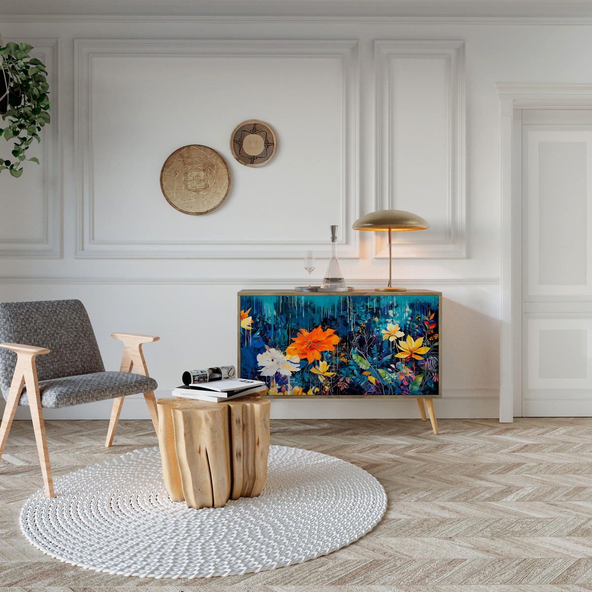 SIDEBOARD MIDNIGHT BLOSSOM, Eicheneffekt, 111x42x77,5 cm, 2 Türen - Eichefarben/Buchefarben, Holzwerkstoff/Buchenholz (111/77.5/42cm) - SpaceRebels