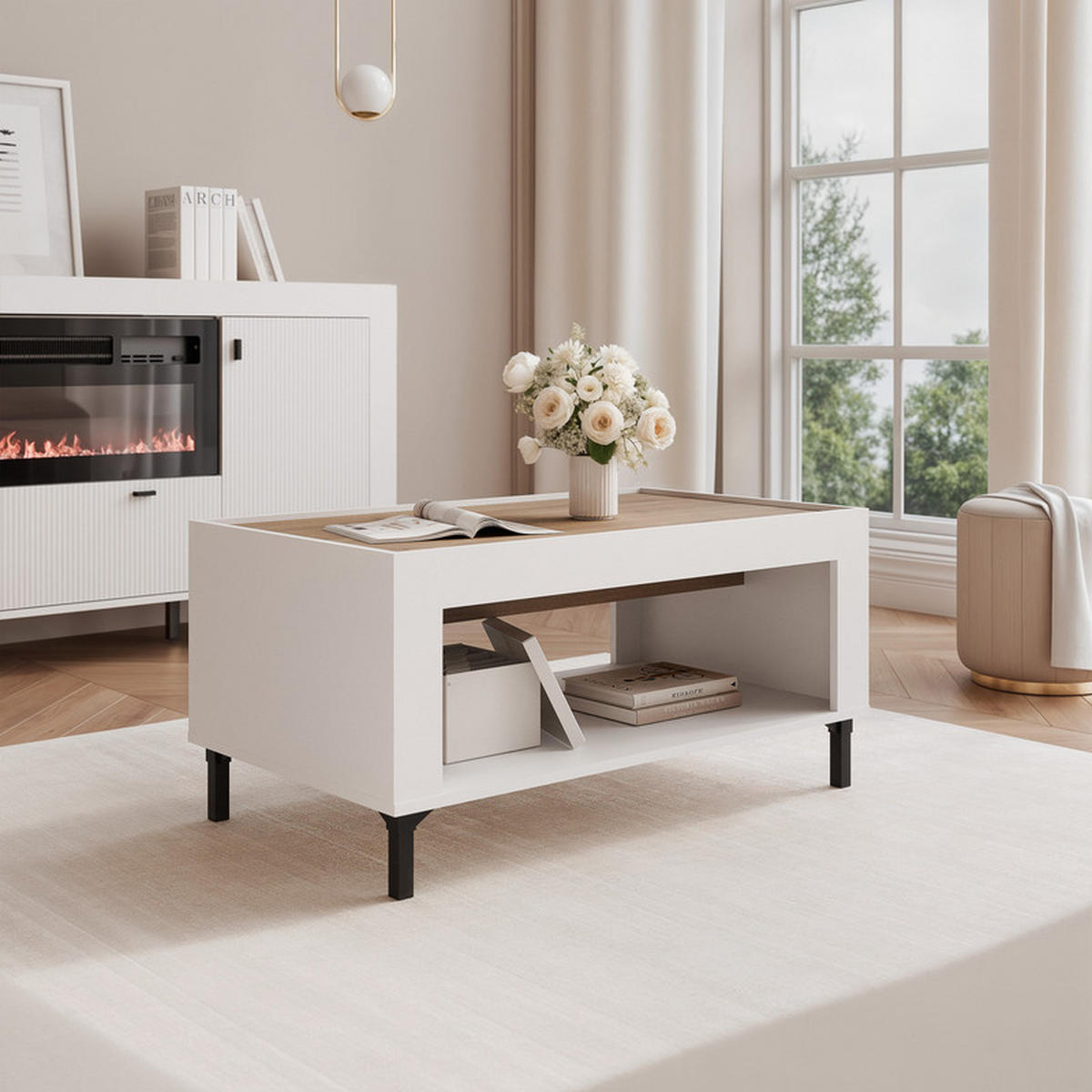 COUCHTISCH AVENA 97/56/47 cm Rechteckig, Weiß/Eiche - Schwarz/Weiß, Holzwerkstoff/Metall (56/97/47cm) - Idohome