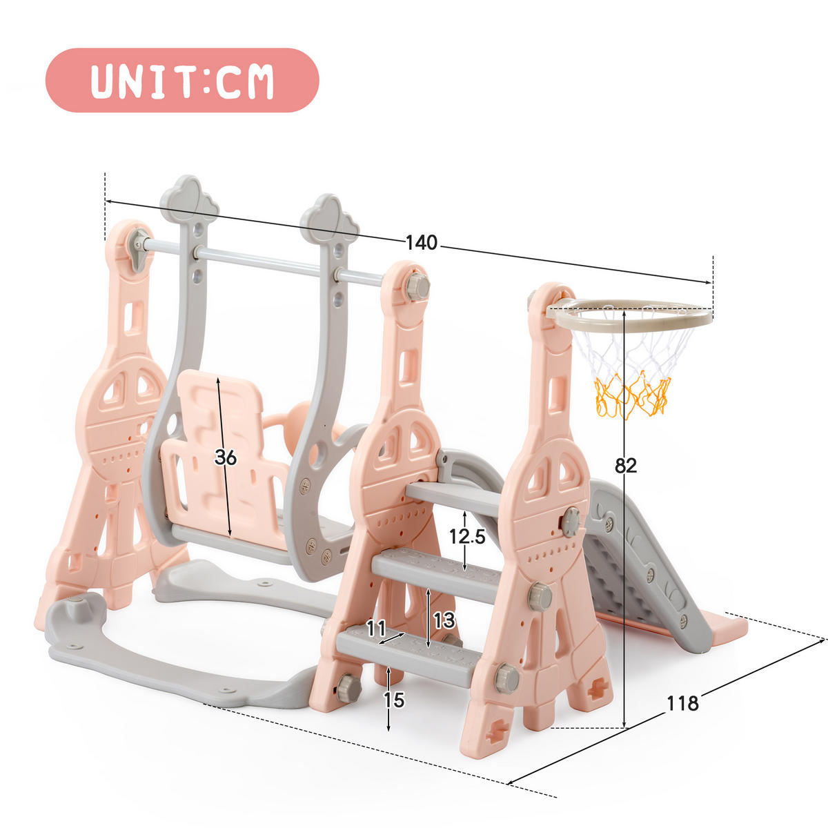 KINDERRUTSCHE 4 in 1 Schaukel Basketball Kletterleiter rosa grau - Rosa, Holz (70/102/70cm) - LEBENLANG