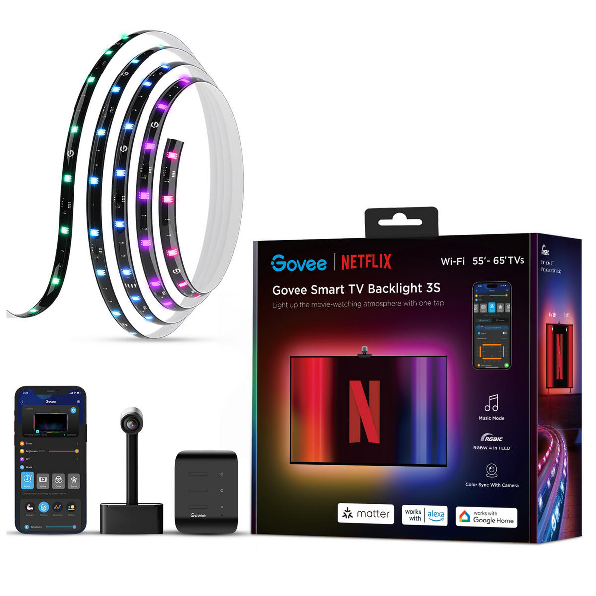 TV-HINTERGRUNDBELEUCHTUNG Backlight 3S Netflix RGBICW, 3,6 m, 55 - 65 Zoll - Multicolor, Kunststoff (360/1/1cm) - Govee