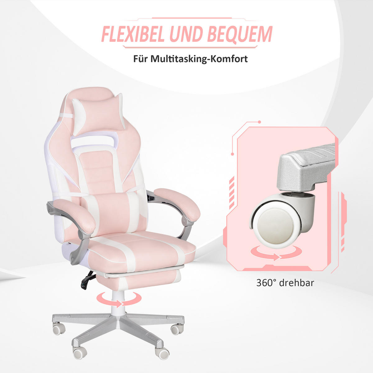 GAMINGSTUHL mit Fußstütze, Kopf- & Lendenkissen, drehbar, höhenverstellbar, Rosa - Rosa, Leder (63/123/63cm) - HOMCOM