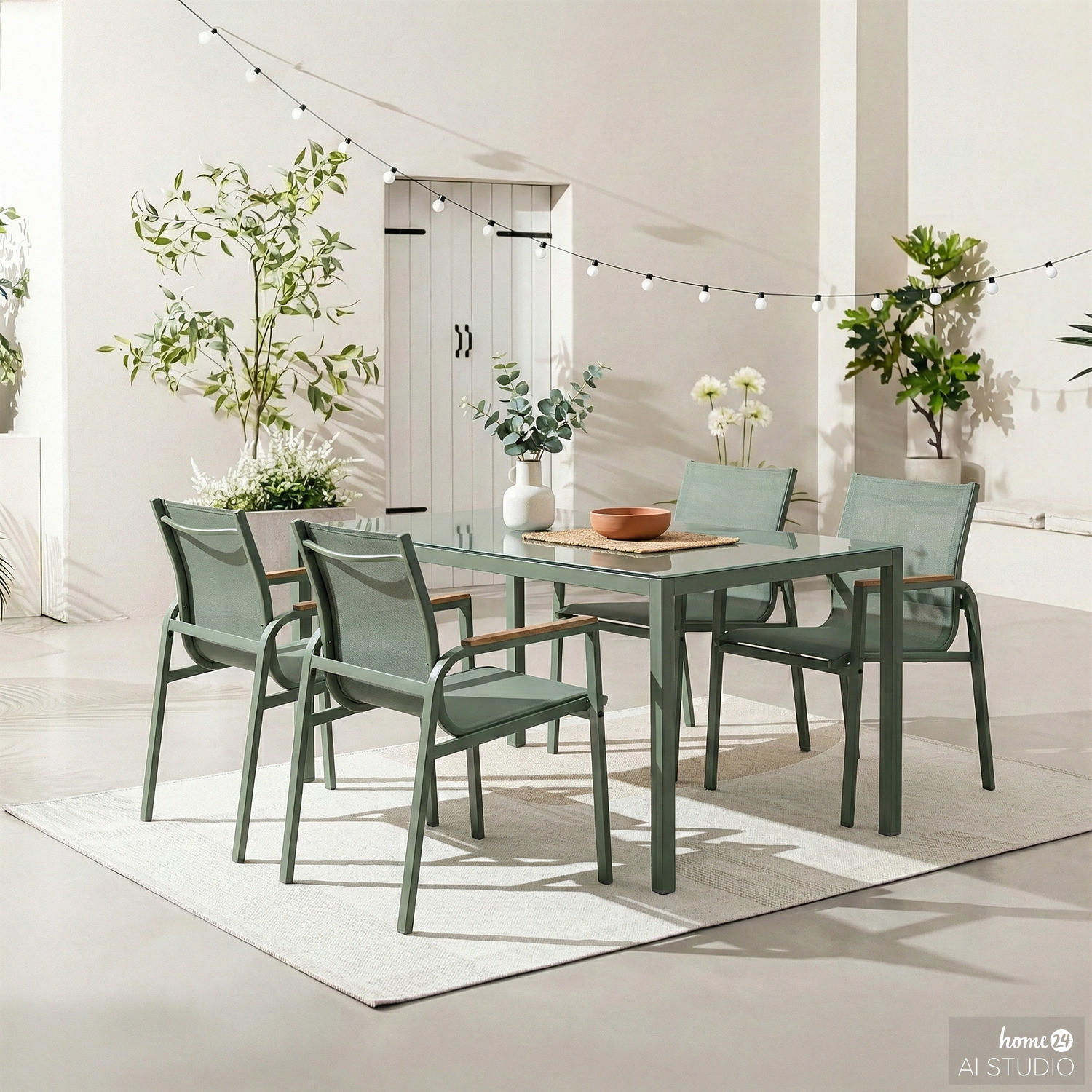 GARTENESSGRUPPE - 5-teilig - Stahl / Glas / Olefin - Salbeigrün, Glas/Textil - home24