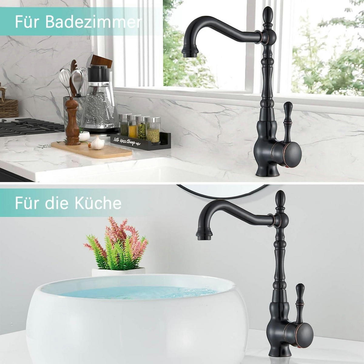 WASCHTISCHARMATUR Einhebelmischer Schwarz Antik 360° schwenkbar - Schwarz, Metall (4/31/17cm)